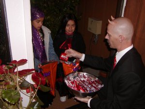 Bob passing out treats on Halloween