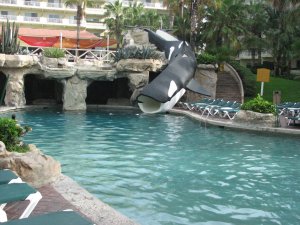Orca slide into the lower pool at Villa del Palmar