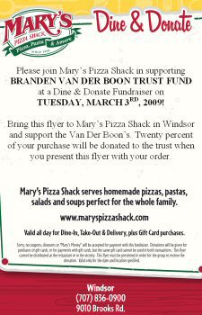 Mary's Pizza Shack Dine-n-Donate flyer