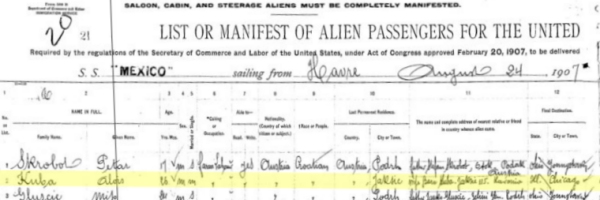 Alois Kuba's passenger manifest (page 1) from the 'Mexico'
