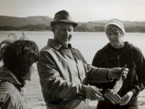 Ria, Cal and Dorth Kendall studying a jawbone at Tomales Bay, CA - 1974