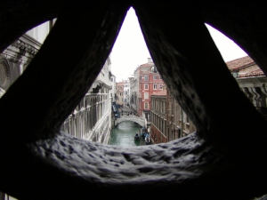 Looking out from inside the Bridge of Sighs, Venice