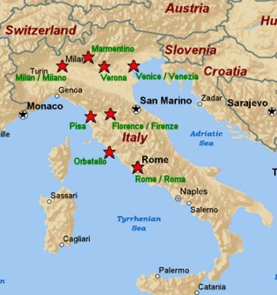 Map of Italy designating our stops