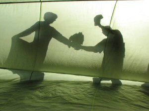 Looking from inside out of the canvas of a hot air balloon
