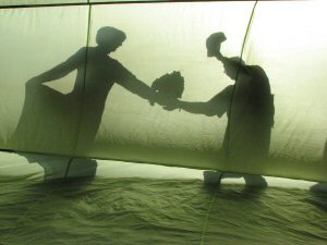 Looking from inside out of the canvas of a hot air balloon