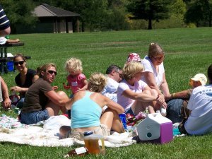 Classmates and families relax and visit